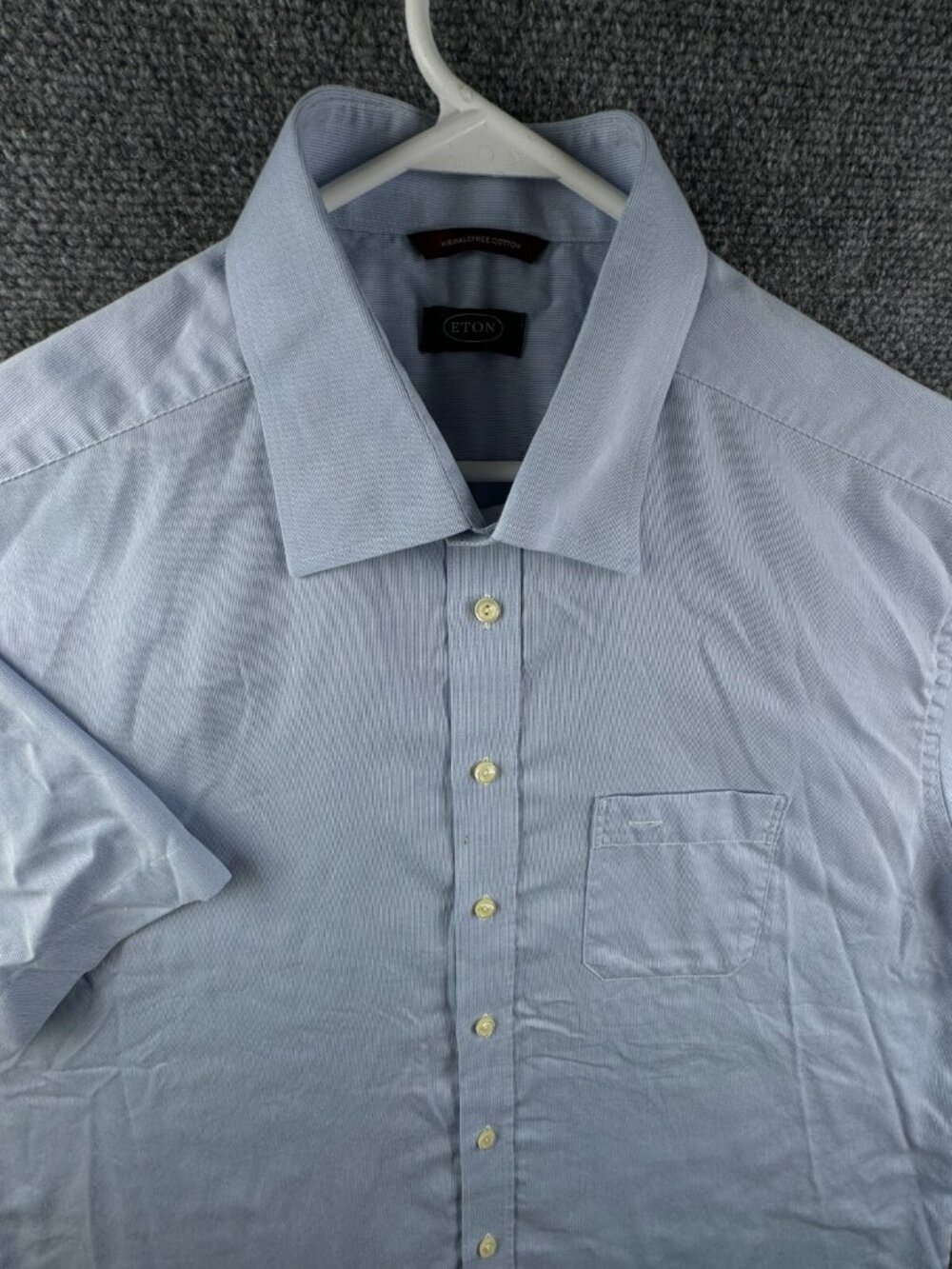 Eton 17.5 Button Up Shirt Men Wrinkle Free Cotton Short Sleeve Blue Pocket Adult